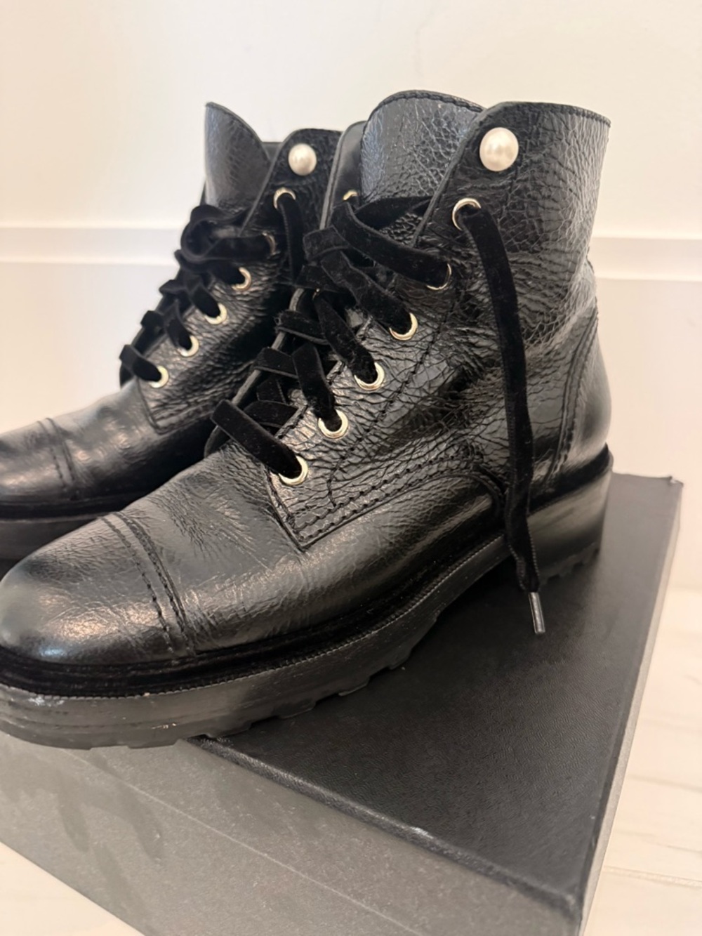 CHANEL Black Leather Lace-Up Ankle Boots with Pearl Accents - Picture 3 of 8